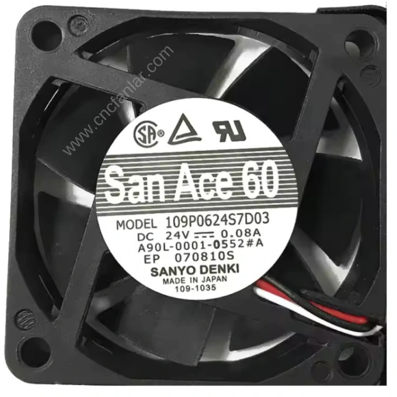 San Ace 60 24V fan A90L-0001-0552#A - 109P0624S7D03 modeli, Fanuc CNC sistemleri için uyumlu endüstriyel soğutma fanıdır.