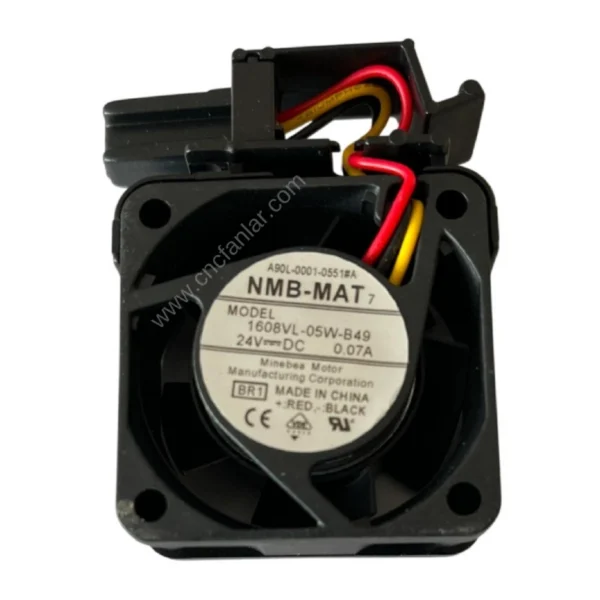 NMB Mat 24V fan A90L-0001-0551#A - 1608VL-05W-B49 modeli, Fanuc sürücü sistemleri için tasarlanmış kompakt bir endüstriyel soğutma fanıdır.