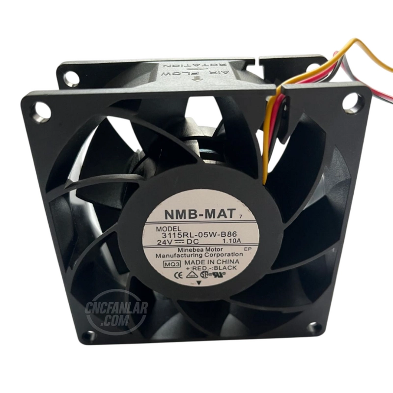 NMB-MAT 3115RL-05W-B86 model 80x80x38 mm 24VDC 1.10A 3 kablolu etiket detaylı fan