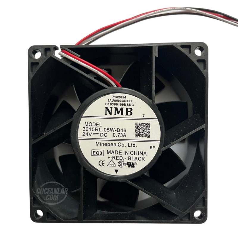 NMB-MAT 3615RL-05W-B46 model 92x92x38 mm 24VDC 0.73A 4 kablolu etiket detaylı fan