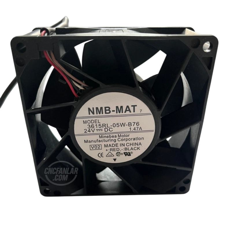 NMB-MAT 3615RL-05W-B76 model 90x90x38 mm 24VDC 1.47A 4 kablolu etiket detaylı fan