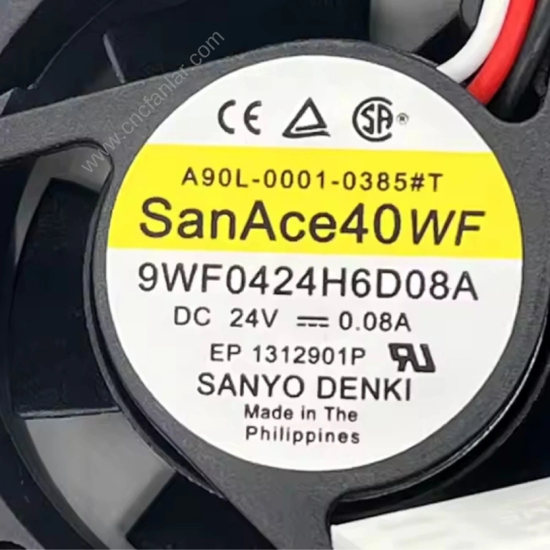 San Ace 40 serisi A90L-0001-0385#T - 9WF0424H6D08A model fanın teknik özellikleri ve boyutları gösterilmektedir.