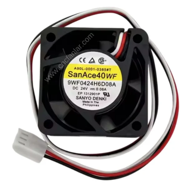 San Ace 40 24V fan A90L-0001-0385#T - 9WF0424H6D08A modeli, endüstriyel soğutma uygulamaları için tasarlanmış kompakt bir Fanuc sürücü fanıdır.