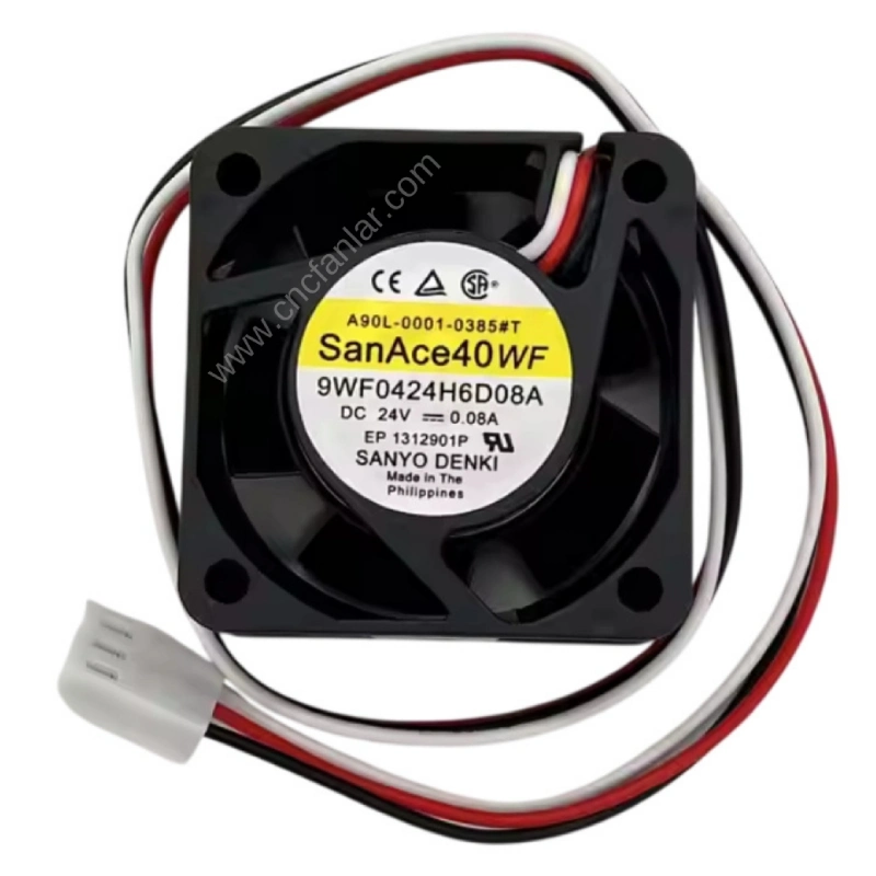 San Ace 40 24V fan A90L-0001-0385#T - 9WF0424H6D08A modeli, endüstriyel soğutma uygulamaları için tasarlanmış kompakt bir Fanuc sürücü fanıdır.