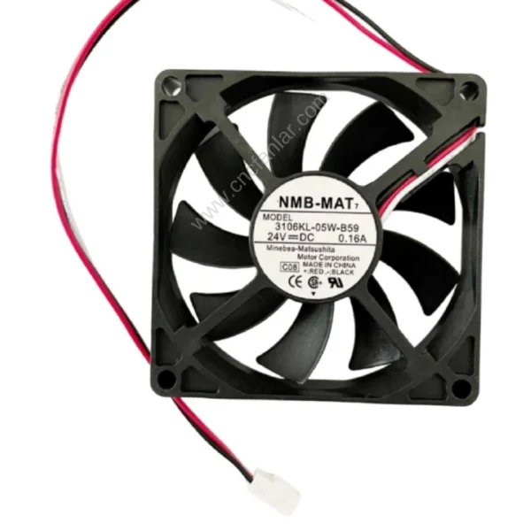 NMB MAT 7 fan, model numarası A90L-0001-0422 - 3106KL-05W-B59 ile endüstriyel soğutma sistemleri için kullanılan yüksek performanslı Fanuc uyumlu fan.